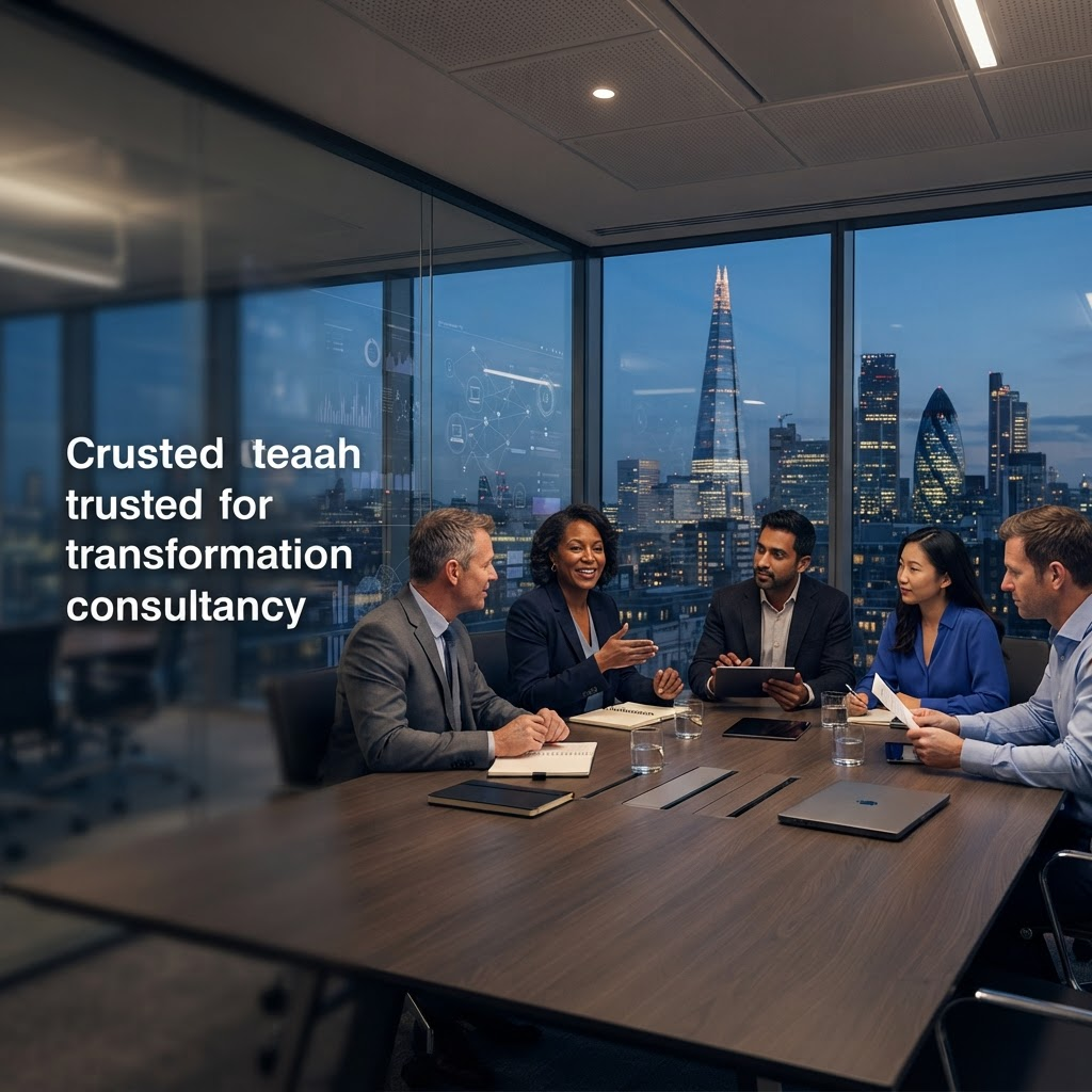 Digital transformation consultancy leadership team collaborating in a modern boardroom