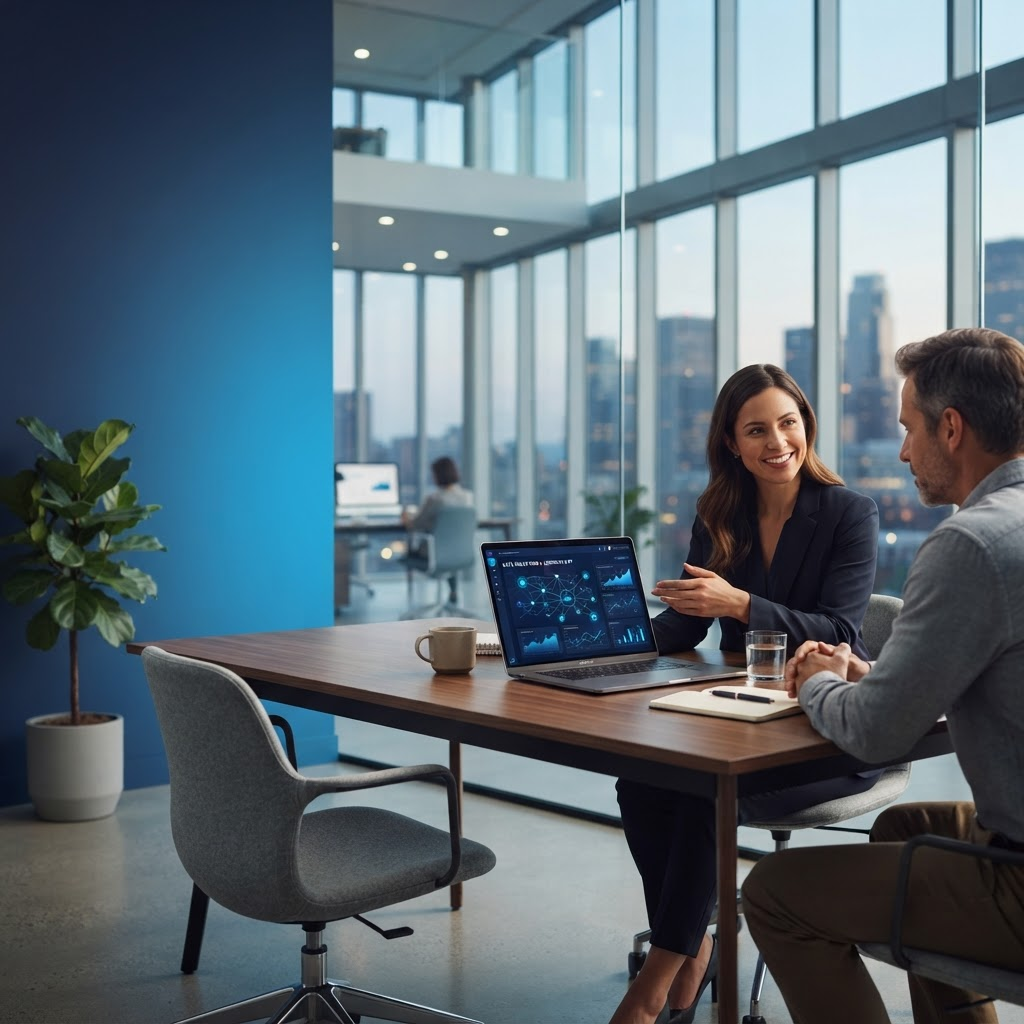 Professional digital transformation consultation workspace with connected technology